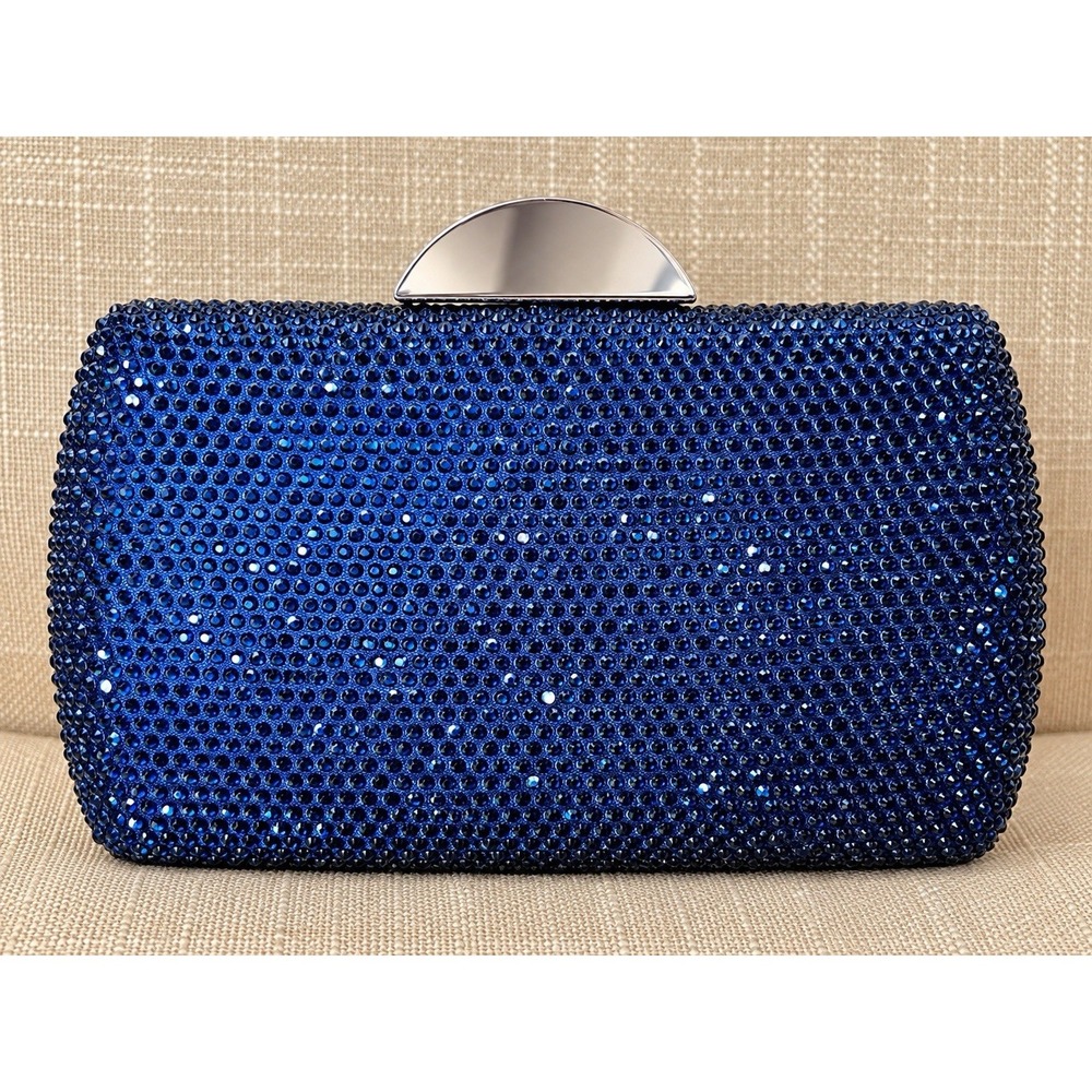 Nina Blue Rhinestone Evening Clutch Purse Silver Clasp Formal Cocktail Bag